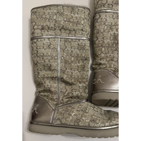 Coach Women’s Size 6B Boots Logo Silver Nikole Mid Calf Shearling Signature - Picture 14 of 16